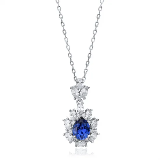 Pear Sapphire CZ Flower 925 Sterling Silver Necklace
