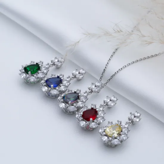 Pear Sapphire CZ Flower 925 Sterling Silver Necklace