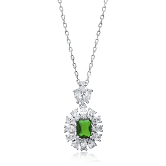 Rectangle Emerald CZ Flower Sterling Silver Necklace Rectangle Emerald CZ Flower Sterling Silver Necklace