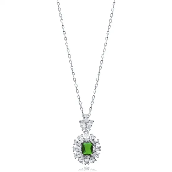 Rectangle Emerald CZ Flower Sterling Silver Necklace Rectangle Emerald CZ Flower Sterling Silver Necklace