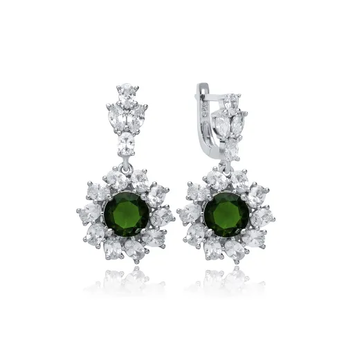 Round Emerald CZ Cluster 925 Sterling Silver Earrings