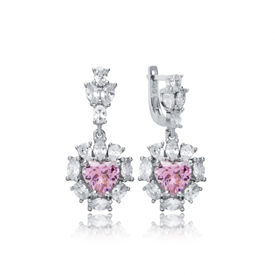 Heart Pink CZ Cluster 925 Sterling Silver Earrings