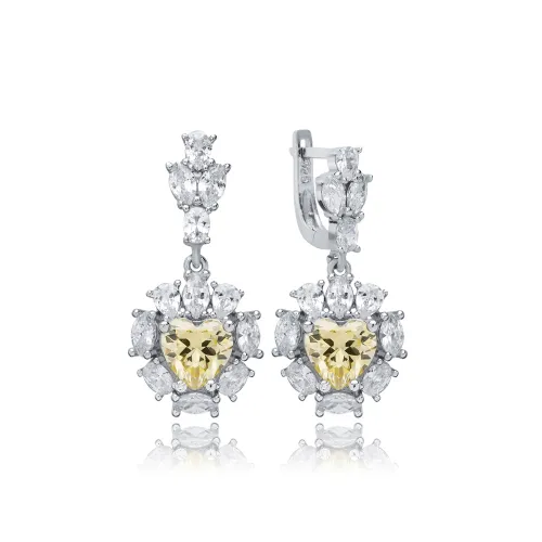 Heart Citrine CZ Cluster 925 Sterling Silver Earrings
