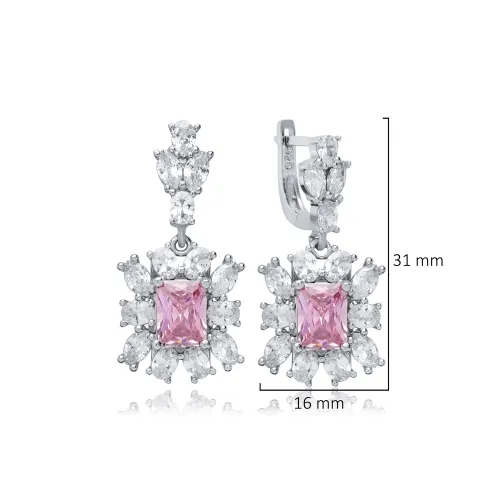 Rectangle Pink CZ Cluster 925 Sterling Silver Earrings