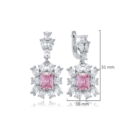 Rectangle Pink CZ Cluster 925 Sterling Silver Earrings Rectangle Pink CZ Cluster 925 Sterling Silver Earrings