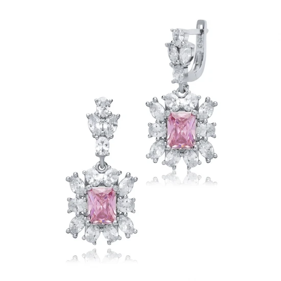 Rectangle Pink CZ Cluster 925 Sterling Silver Earrings Rectangle Pink CZ Cluster 925 Sterling Silver Earrings