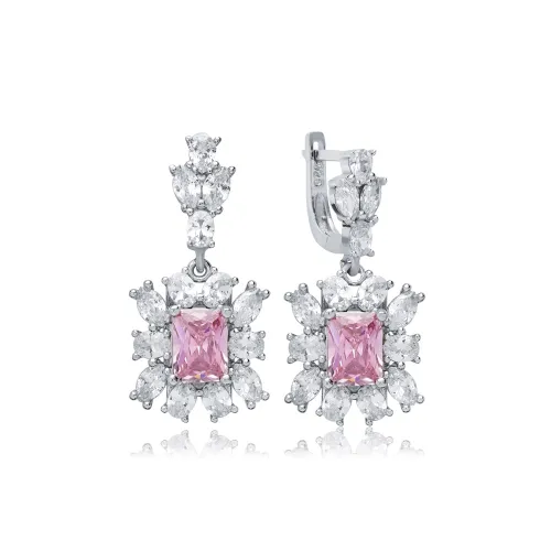 Rectangle Pink CZ Cluster 925 Sterling Silver Earrings