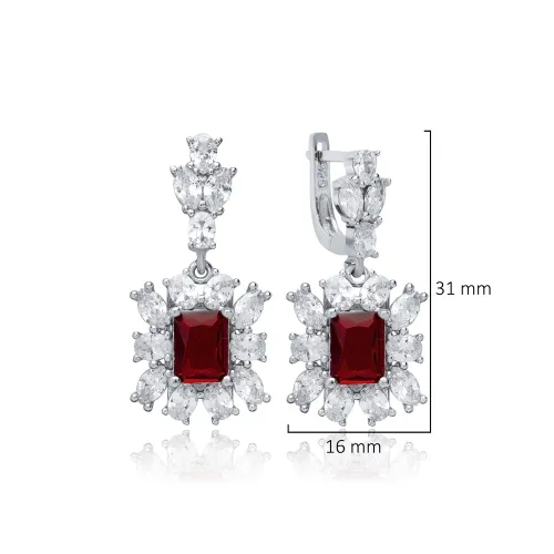 Rectangle Garnet CZ Cluster Sterling Silver Earrings