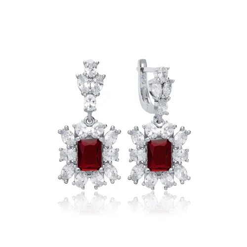 Rectangle Garnet CZ Cluster Sterling Silver Earrings