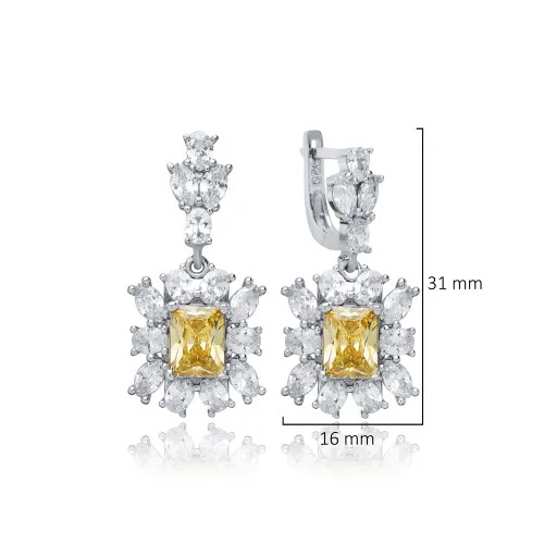 Rectangle Citrine CZ Cluster Sterling Silver Earrings