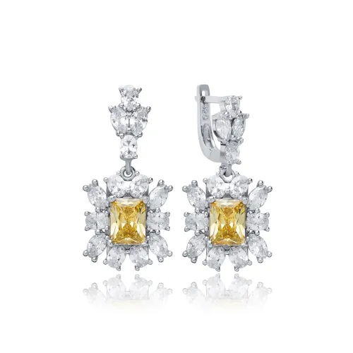Rectangle Citrine CZ Cluster Sterling Silver Earrings