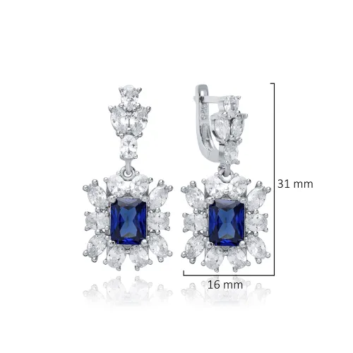 Rectangle Sapphire CZ Cluster Sterling Silver Earrings