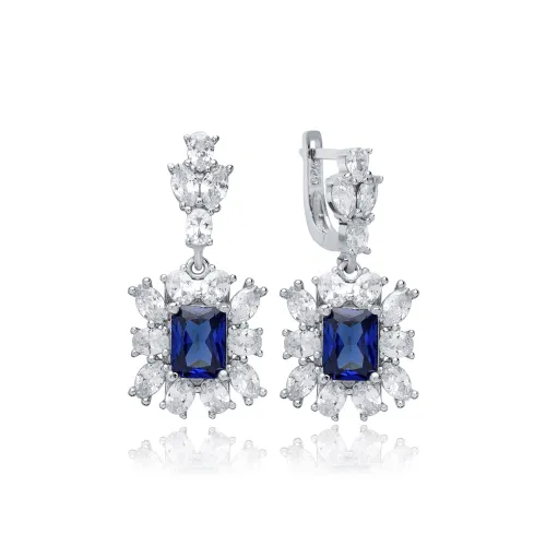 Rectangle Sapphire CZ Cluster Sterling Silver Earrings
