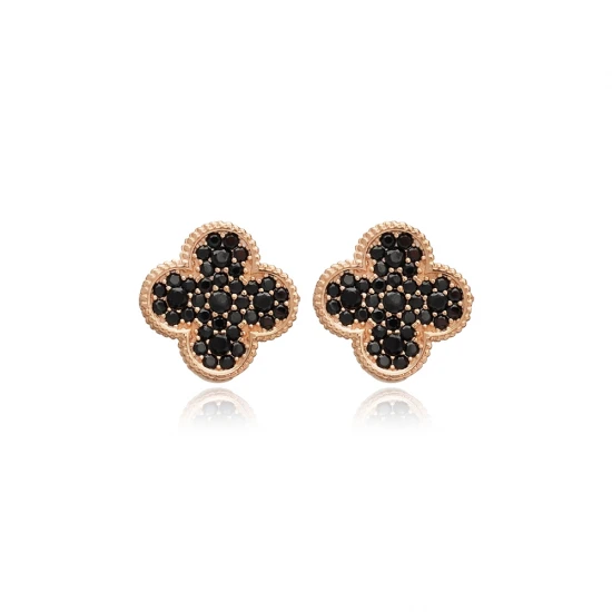 Black CZ Clover 925 Sterling Silver Earrings | 925 Sterling Silver Wholesale | Sade Silver Black CZ Clover 925 Sterling Silver Earrings - Sade 925 Silver Jewelry