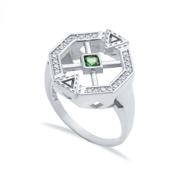 Emerald CZ Geometric Shape Women Cluster Silver Ring