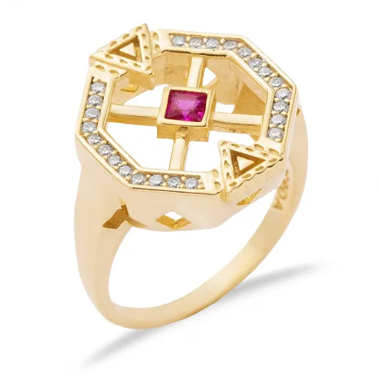 Ruby CZ Unique Geometric Design Cluster Silver Ring Ruby CZ Unique Geometric Design Cluster Silver Ring