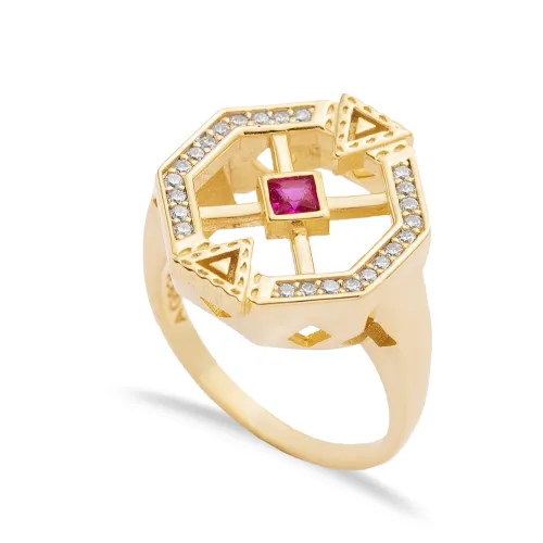 Ruby CZ Geometric Cluster 925 Sterling Silver Ring