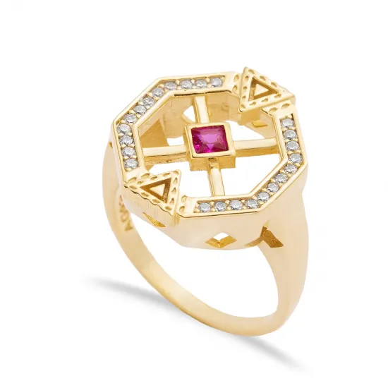 Ruby CZ Unique Geometric Design Cluster Silver Ring Ruby CZ Unique Geometric Design Cluster Silver Ring