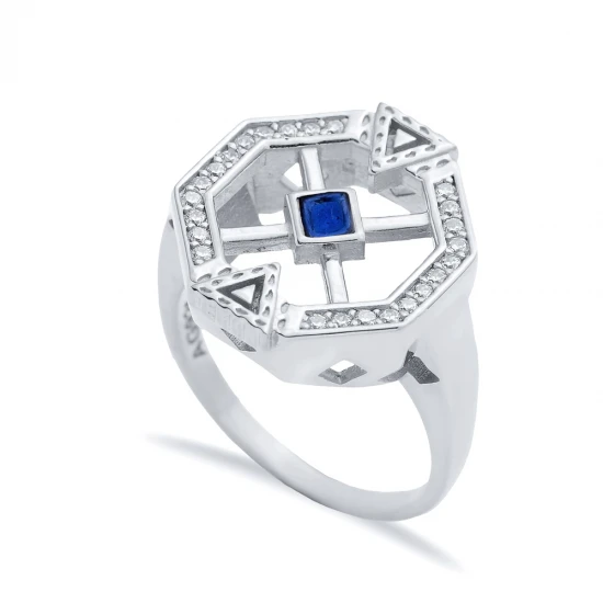 Sapphire CZ Geometric Cluster 925 Sterling Silver Ring