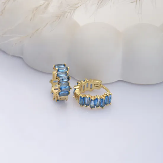 Aquamarine CZ Stone Baguette Handmade Silver Hoop Earrings Aquamarine CZ Stone Baguette Handmade Silver Hoop Earrings