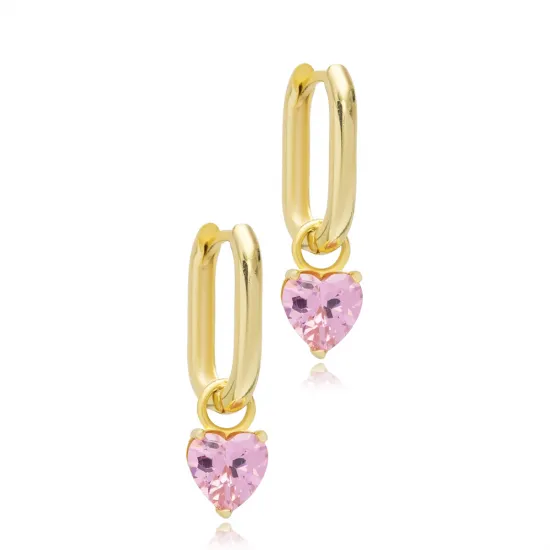 Pink CZ Heart Shape Handmade Silver Dangle Earrings Pink CZ Heart Shape Handmade Silver Dangle Earrings
