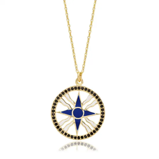 Dark Blue Enamel CZ Compass Design Silver Charm Necklace Dark Blue Enamel CZ Compass Design Silver Charm Necklace