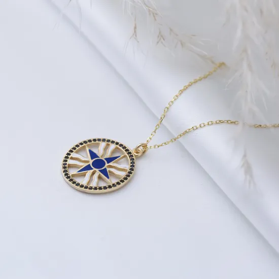 Dark Blue Enamel CZ Compass Design Silver Charm Necklace Dark Blue Enamel CZ Compass Design Silver Charm Necklace