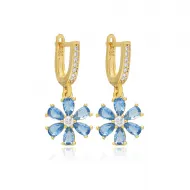 Aquamarine CZ Stone Flower Design Silver Dangle Earrings