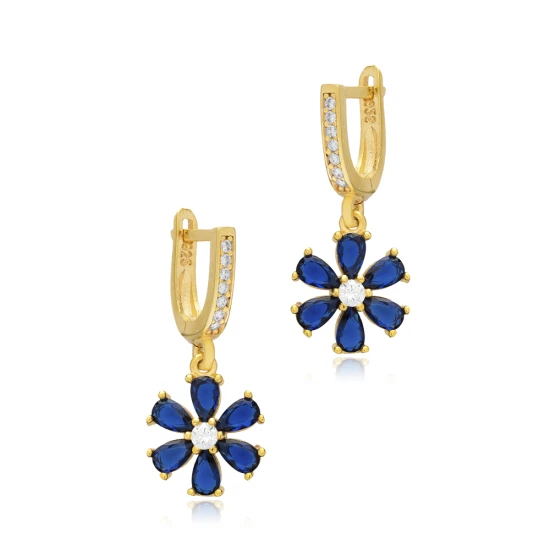 Sapphire CZ Flower Dangle 925 Sterling Silver Earrings | 925 Sterling Silver Wholesale | Sade Silver Sapphire CZ Flower Dangle 925 Sterling Silver Earrings - Sade 925 Silver Jewelry