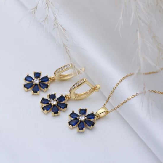 Sapphire CZ Flower Dangle 925 Sterling Silver Earrings | 925 Sterling Silver Wholesale | Sade Silver Sapphire CZ Flower Dangle 925 Sterling Silver Earrings - Sade 925 Silver Jewelry