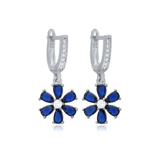 Sapphire CZ Flower Dangle 925 Sterling Silver Earrings | 925 Sterling Silver Wholesale | Sade Silver Sapphire CZ Flower Dangle 925 Sterling Silver Earrings - Sade 925 Silver Jewelry