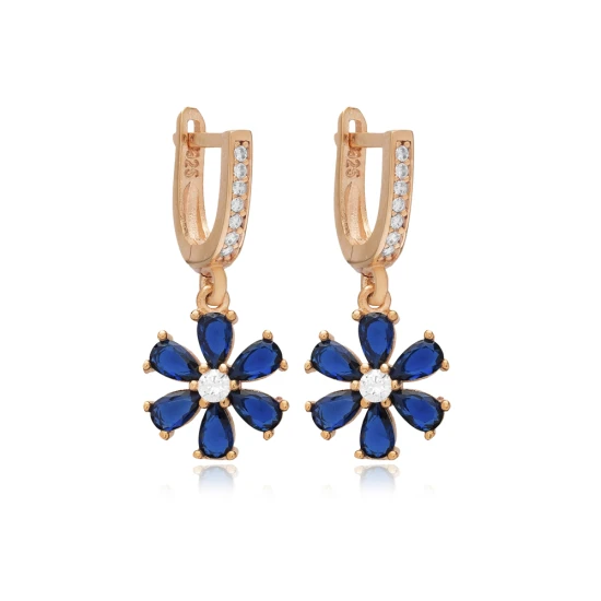 Sapphire CZ Flower Dangle 925 Sterling Silver Earrings | 925 Sterling Silver Wholesale | Sade Silver Sapphire CZ Flower Dangle 925 Sterling Silver Earrings - Sade 925 Silver Jewelry