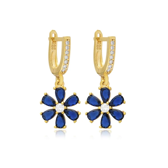 Sapphire CZ Flower Dangle 925 Sterling Silver Earrings | 925 Sterling Silver Wholesale | Sade Silver Sapphire CZ Flower Dangle 925 Sterling Silver Earrings - Sade 925 Silver Jewelry