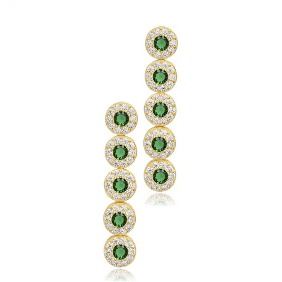 Emerald CZ Round Long 925 Sterling Silver Earrings | 925 Sterling Silver Wholesale | Sade Silver Emerald CZ Round Long 925 Sterling Silver Earrings - Sade 925 Silver Jewelry