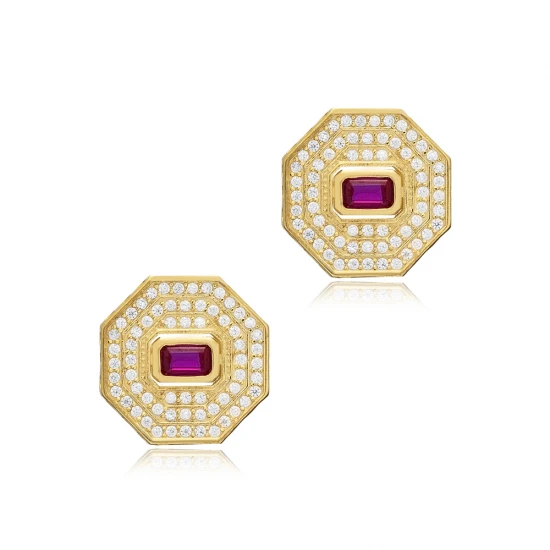 Ruby CZ Octagon Geometric 925 Sterling Silver Earrings Ruby CZ Octagon Geometric 925 Sterling Silver Earrings