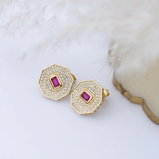 Ruby CZ Octagon Geometric 925 Sterling Silver Earrings Ruby CZ Octagon Geometric 925 Sterling Silver Earrings
