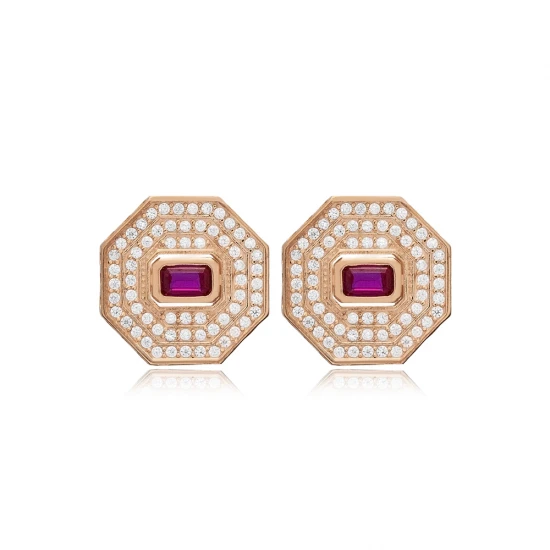 Ruby CZ Octagon Geometric 925 Sterling Silver Earrings Ruby CZ Octagon Geometric 925 Sterling Silver Earrings