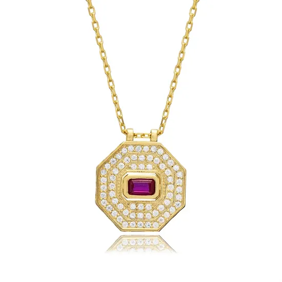 Ruby CZ Octagon Shape Geometric 925 Silver Necklace