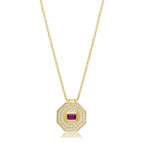 Ruby CZ Octagon Shape Geometric 925 Silver Necklace
