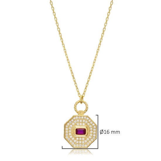 Ruby CZ Octagon Shape Geometric Silver Necklace Ruby CZ Octagon Shape Geometric Silver Necklace
