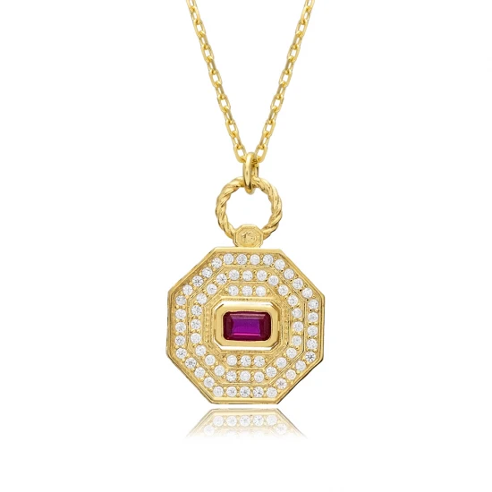 Ruby CZ Octagon Shape Geometric Silver Necklace Ruby CZ Octagon Shape Geometric Silver Necklace