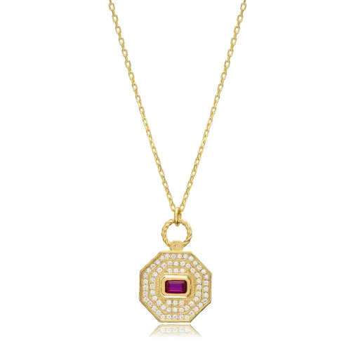 Ruby CZ Octagon Shape Geometric Silver Necklace