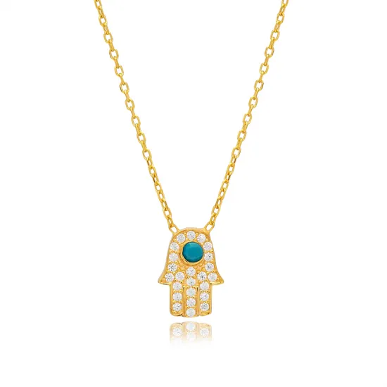 Hamsa Shape Turquoise with Zircon Stone Charm Necklace Turkish Handmade Wholesale 925 Sterling Silver Jewelry Hamsa Shape Turquoise with Zircon Stone Charm Necklace Turkish Handmade Wholesale 925 Sterling Silver Jewelry