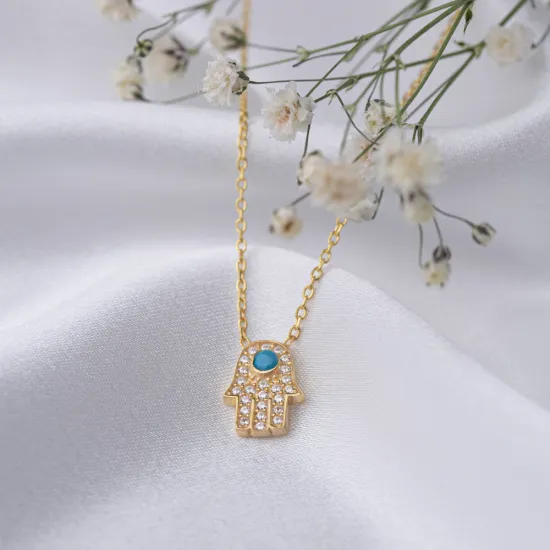 Hamsa Shape Turquoise with Zircon Stone Charm Necklace Turkish Handmade Wholesale 925 Sterling Silver Jewelry Hamsa Shape Turquoise with Zircon Stone Charm Necklace Turkish Handmade Wholesale 925 Sterling Silver Jewelry