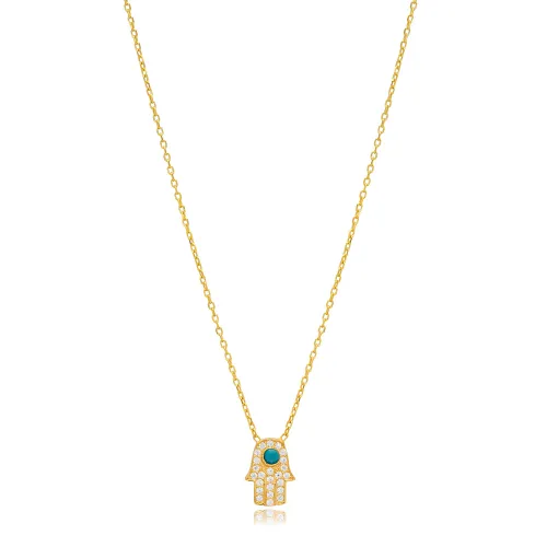 Hamsa Shape Turquoise with Zircon Stone Charm Necklace Turkish Handmade Wholesale 925 Sterling Silver Jewelry