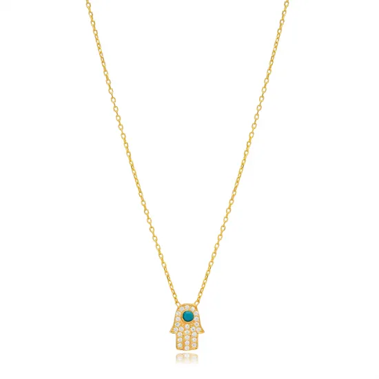 Hamsa Shape Turquoise with Zircon Stone Charm Necklace Turkish Handmade Wholesale 925 Sterling Silver Jewelry Hamsa Shape Turquoise with Zircon Stone Charm Necklace Turkish Handmade Wholesale 925 Sterling Silver Jewelry