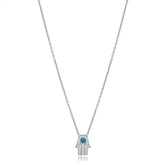 Hamsa Shape Turquoise with Zircon Stone Charm Necklace Turkish Handmade Wholesale 925 Sterling Silver Jewelry Hamsa Shape Turquoise with Zircon Stone Charm Necklace Turkish Handmade Wholesale 925 Sterling Silver Jewelry
