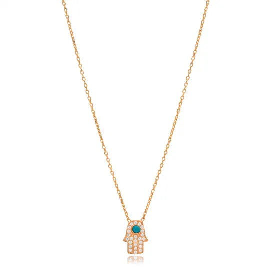 Hamsa Shape Turquoise with Zircon Stone Charm Necklace Turkish Handmade Wholesale 925 Sterling Silver Jewelry Hamsa Shape Turquoise with Zircon Stone Charm Necklace Turkish Handmade Wholesale 925 Sterling Silver Jewelry