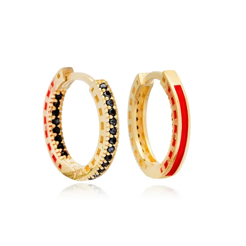 Black CZ 15mm Red Enamel 925 Sterling Silver Earrings