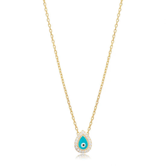 Blue Enamel Evil Eye Pear Shape 925 Silver Necklace | 925 Sterling Silver Wholesale | Sade Silver Blue Enamel Evil Eye Pear Shape 925 Silver Necklace - Sade 925 Silver Jewelry